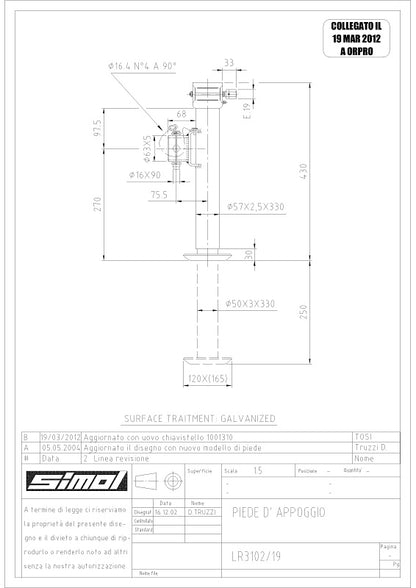 Oporná noha 1300kg LR3102/19 bez kľuky krátka sklopná