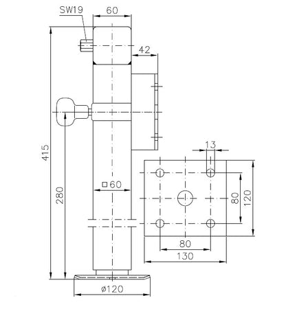 Oporná noha 1300kg SF 60-D42-19-280+ADAP bez kľuky krátka sklopná